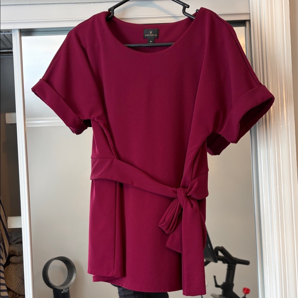 Women's Burgundy Tie-Waist Short Sleeve Tunic